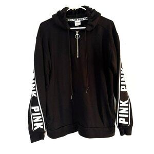 Victoria's Secret PINK Black Hoodie With Zipper Pull & Logo Sleeves Size S